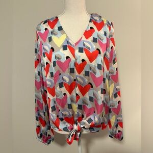 Tristan Multicolor Abstract Heart Print Tie Front V Neck Blouse Size M